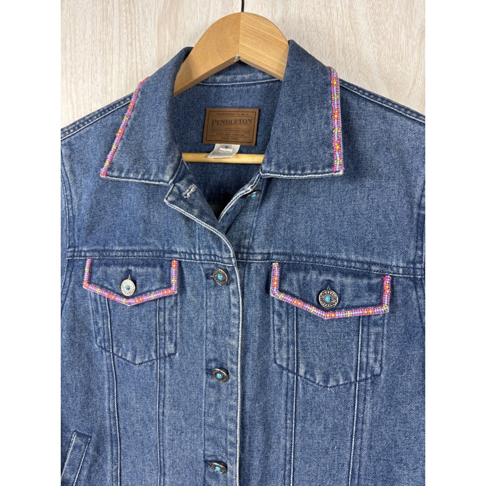 Pendleton Womens M Denim Jacket Blue Beaded Western Southwest Y2K Boho
